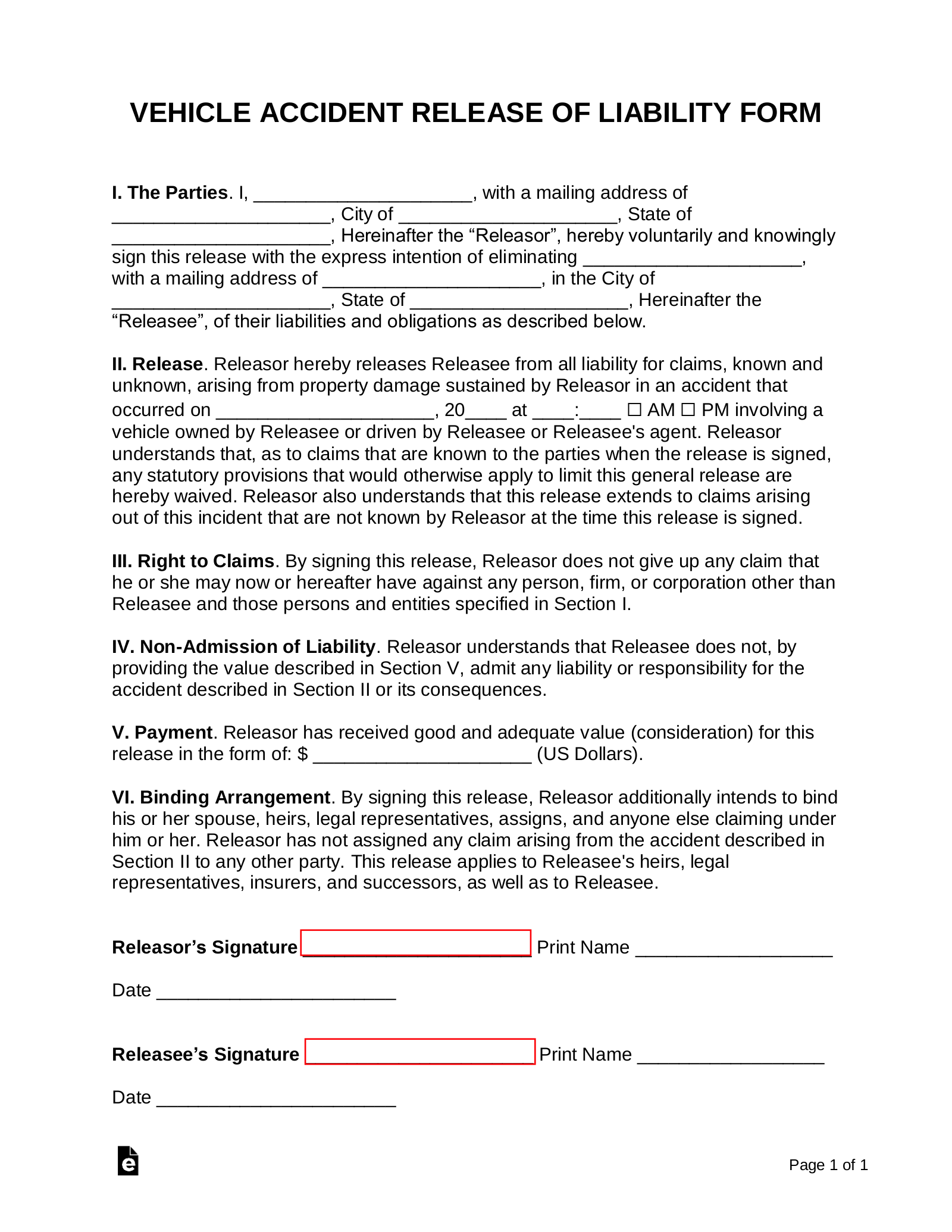 Vehicle Accident Release of Liability Form